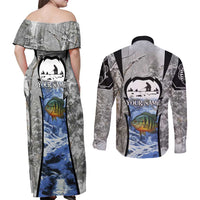 Custom Bluegill Ice Fishing Winter Camo Couples Matching Off Shoulder Maxi Dress and Long Sleeve Button Shirt with Snowy Forest Background Colorful Fish - Wonder Print Shop