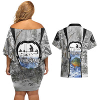 Custom Bluegill Ice Fishing Winter Camo Couples Matching Off Shoulder Short Dress and Hawaiian Shirt with Snowy Forest Background Colorful Fish - Wonder Print Shop