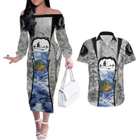 Custom Bluegill Ice Fishing Winter Camo Couples Matching Off The Shoulder Long Sleeve Dress and Hawaiian Shirt with Snowy Forest Background Colorful Fish - Wonder Print Shop