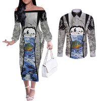 Custom Bluegill Ice Fishing Winter Camo Couples Matching Off The Shoulder Long Sleeve Dress and Long Sleeve Button Shirt with Snowy Forest Background Colorful Fish - Wonder Print Shop