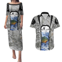 Custom Bluegill Ice Fishing Winter Camo Couples Matching Puletasi and Hawaiian Shirt with Snowy Forest Background Colorful Fish - Wonder Print Shop