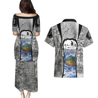 Custom Bluegill Ice Fishing Winter Camo Couples Matching Puletasi and Hawaiian Shirt with Snowy Forest Background Colorful Fish - Wonder Print Shop