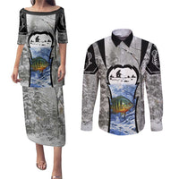 Custom Bluegill Ice Fishing Winter Camo Couples Matching Puletasi and Long Sleeve Button Shirt with Snowy Forest Background Colorful Fish - Wonder Print Shop