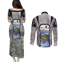 Custom Bluegill Ice Fishing Winter Camo Couples Matching Puletasi and Long Sleeve Button Shirt with Snowy Forest Background Colorful Fish - Wonder Print Shop