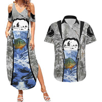 Custom Bluegill Ice Fishing Winter Camo Couples Matching Summer Maxi Dress and Hawaiian Shirt with Snowy Forest Background Colorful Fish - Wonder Print Shop