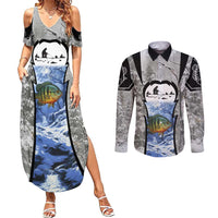 Custom Bluegill Ice Fishing Winter Camo Couples Matching Summer Maxi Dress and Long Sleeve Button Shirt with Snowy Forest Background Colorful Fish - Wonder Print Shop