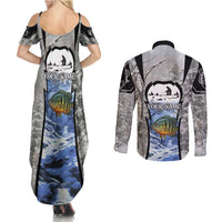 Custom Bluegill Ice Fishing Winter Camo Couples Matching Summer Maxi Dress and Long Sleeve Button Shirt with Snowy Forest Background Colorful Fish - Wonder Print Shop
