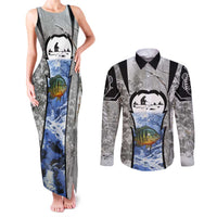 Custom Bluegill Ice Fishing Winter Camo Couples Matching Tank Maxi Dress and Long Sleeve Button Shirt with Snowy Forest Background Colorful Fish - Wonder Print Shop