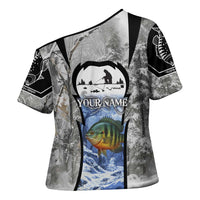 Custom Bluegill Ice Fishing Winter Camo Cross Shoulder Shirt with Snowy Forest Background Colorful Fish - Wonder Print Shop