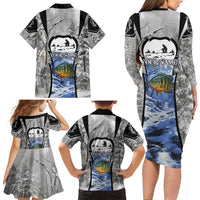 Custom Bluegill Ice Fishing Winter Camo Family Matching Long Sleeve Bodycon Dress and Hawaiian Shirt with Snowy Forest Background Colorful Fish - Wonder Print Shop