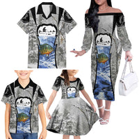 Custom Bluegill Ice Fishing Winter Camo Family Matching Off The Shoulder Long Sleeve Dress and Hawaiian Shirt with Snowy Forest Background Colorful Fish - Wonder Print Shop