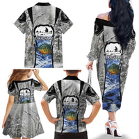 Custom Bluegill Ice Fishing Winter Camo Family Matching Off The Shoulder Long Sleeve Dress and Hawaiian Shirt with Snowy Forest Background Colorful Fish - Wonder Print Shop