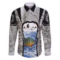 Custom Bluegill Ice Fishing Winter Camo Family Matching Off The Shoulder Long Sleeve Dress and Hawaiian Shirt with Snowy Forest Background Colorful Fish - Wonder Print Shop