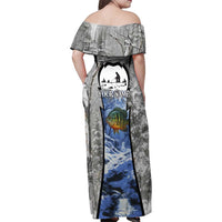 Custom Bluegill Ice Fishing Winter Camo Family Matching Off Shoulder Maxi Dress and Hawaiian Shirt with Snowy Forest Background Colorful Fish - Wonder Print Shop