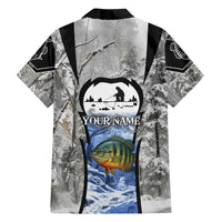 Custom Bluegill Ice Fishing Winter Camo Family Matching Puletasi and Hawaiian Shirt with Snowy Forest Background Colorful Fish - Wonder Print Shop