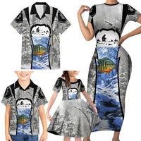 Custom Bluegill Ice Fishing Winter Camo Family Matching Short Sleeve Bodycon Dress and Hawaiian Shirt with Snowy Forest Background Colorful Fish - Wonder Print Shop