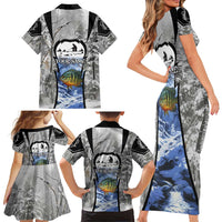 Custom Bluegill Ice Fishing Winter Camo Family Matching Short Sleeve Bodycon Dress and Hawaiian Shirt with Snowy Forest Background Colorful Fish - Wonder Print Shop