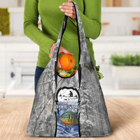 Custom Bluegill Ice Fishing Winter Camo Grocery Bag with Snowy Forest Background Colorful Fish - Wonder Print Shop