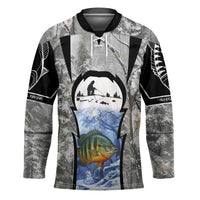 Custom Bluegill Ice Fishing Winter Camo Hockey Jersey with Snowy Forest Background Colorful Fish - Wonder Print Shop