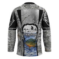 Custom Bluegill Ice Fishing Winter Camo Hockey Jersey with Snowy Forest Background Colorful Fish - Wonder Print Shop