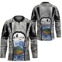 Custom Bluegill Ice Fishing Winter Camo Hockey Jersey with Snowy Forest Background Colorful Fish - Wonder Print Shop