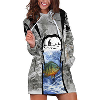 Custom Bluegill Ice Fishing Winter Camo Hoodie Dress with Snowy Forest Background Colorful Fish - Wonder Print Shop