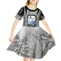 Custom Bluegill Ice Fishing Winter Camo Kid Short Sleeve Dress with Snowy Forest Background Colorful Fish - Wonder Print Shop