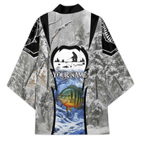 Custom Bluegill Ice Fishing Winter Camo Kimono with Snowy Forest Background Colorful Fish - Wonder Print Shop