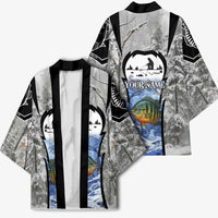 Custom Bluegill Ice Fishing Winter Camo Kimono with Snowy Forest Background Colorful Fish - Wonder Print Shop