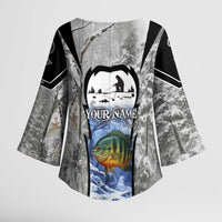 Custom Bluegill Ice Fishing Winter Camo Kimono Sleeve Blouse with Snowy Forest Background Colorful Fish - Wonder Print Shop
