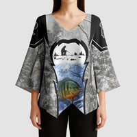 Custom Bluegill Ice Fishing Winter Camo Kimono Sleeve Blouse with Snowy Forest Background Colorful Fish - Wonder Print Shop
