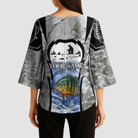 Custom Bluegill Ice Fishing Winter Camo Kimono Sleeve Blouse with Snowy Forest Background Colorful Fish - Wonder Print Shop