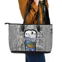 Custom Bluegill Ice Fishing Winter Camo Leather Tote Bag with Snowy Forest Background Colorful Fish - Wonder Print Shop