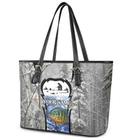 Custom Bluegill Ice Fishing Winter Camo Leather Tote Bag with Snowy Forest Background Colorful Fish - Wonder Print Shop