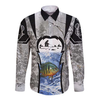 Custom Bluegill Ice Fishing Winter Camo Long Sleeve Button Shirt with Snowy Forest Background Colorful Fish - Wonder Print Shop