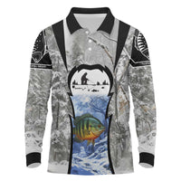 Custom Bluegill Ice Fishing Winter Camo Long Sleeve Polo Shirt with Snowy Forest Background Colorful Fish - Wonder Print Shop