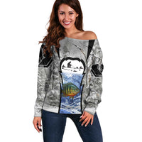 Custom Bluegill Ice Fishing Winter Camo Off Shoulder Sweater with Snowy Forest Background Colorful Fish - Wonder Print Shop
