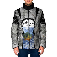 Custom Bluegill Ice Fishing Winter Camo Padded Jacket with Snowy Forest Background Colorful Fish - Wonder Print Shop