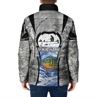 Custom Bluegill Ice Fishing Winter Camo Padded Jacket with Snowy Forest Background Colorful Fish - Wonder Print Shop