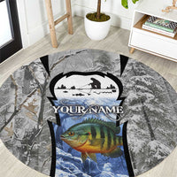 Custom Bluegill Ice Fishing Winter Camo Round Carpet with Snowy Forest Background Colorful Fish - Wonder Print Shop