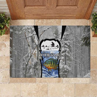 Custom Bluegill Ice Fishing Winter Camo Rubber Doormat with Snowy Forest Background Colorful Fish - Wonder Print Shop