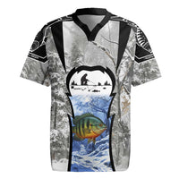 Custom Bluegill Ice Fishing Winter Camo Rugby Jersey with Snowy Forest Background Colorful Fish - Wonder Print Shop