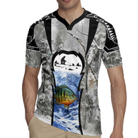 Custom Bluegill Ice Fishing Winter Camo Rugby Jersey with Snowy Forest Background Colorful Fish - Wonder Print Shop