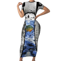 Custom Bluegill Ice Fishing Winter Camo Short Sleeve Bodycon Dress with Snowy Forest Background Colorful Fish - Wonder Print Shop