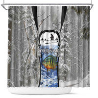 Custom Bluegill Ice Fishing Winter Camo Shower Curtain with Snowy Forest Background Colorful Fish - Wonder Print Shop