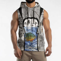 Custom Bluegill Ice Fishing Winter Camo Sleeveless Hoodie with Snowy Forest Background Colorful Fish - Wonder Print Shop