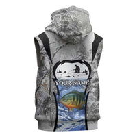 Custom Bluegill Ice Fishing Winter Camo Sleeveless Zip Hoodie with Snowy Forest Background Colorful Fish - Wonder Print Shop