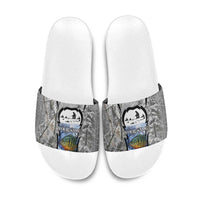 Custom Bluegill Ice Fishing Winter Camo Slide Sandals with Snowy Forest Background Colorful Fish - Wonder Print Shop
