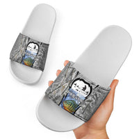 Custom Bluegill Ice Fishing Winter Camo Slide Sandals with Snowy Forest Background Colorful Fish - Wonder Print Shop