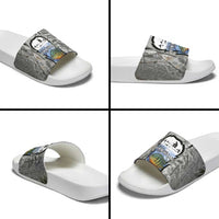 Custom Bluegill Ice Fishing Winter Camo Slide Sandals with Snowy Forest Background Colorful Fish - Wonder Print Shop